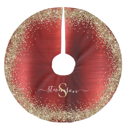 Monogram Red Gold Glitzer Girly Glam Polyester Weihnachtsbaumdecke (Vorderseite)