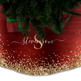 Monogram Red Gold Glitzer Girly Glam Polyester Weihnachtsbaumdecke