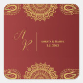 Monogram Red Gold Mandala Indian Wedding Envelope Quadratischer Aufkleber (Vorderseite)