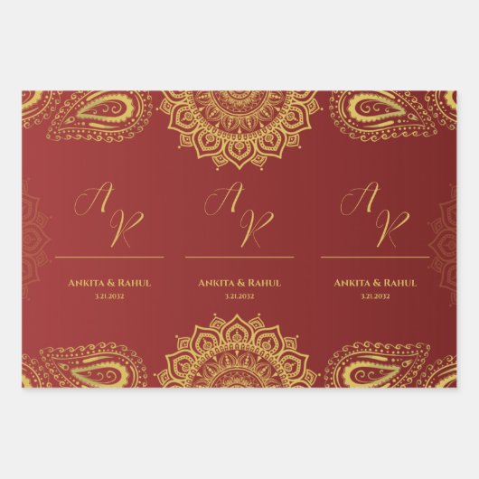 Monogram Red Gold Mandala Indian Wedding Geschenkpapier Set (Vorderseite 3)