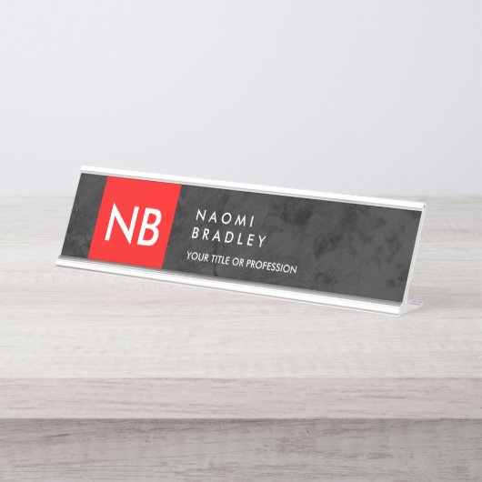Monogram Red Gray Muster Modern Schreibtischnamensplakette (Vorderseite )