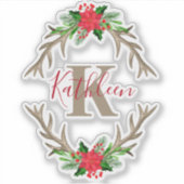Monogram Red Green Christmas Floral Antlers Aufkleber (Vorderseite)