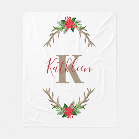 Monogram Red Green Christmas Floral Antlers Fleecedecke (Vorderseite)