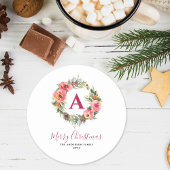 Monogram Red Greenery Pink Wreath Christmas  Runder Pappuntersetzer