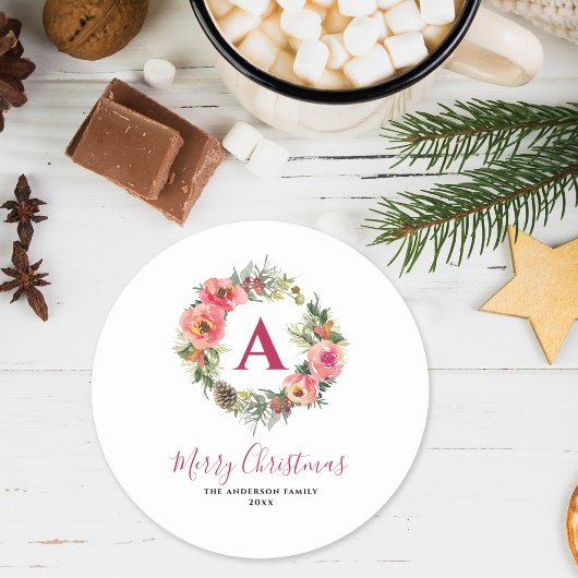 Monogram Red Greenery Pink Wreath Christmas  Runder Pappuntersetzer