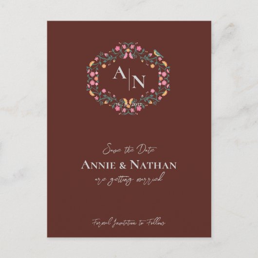 Monogram Red Intricate Floral Design Rahmen Hochze Ankündigungspostkarte (Vorderseite)