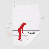 Monogram Red on White Woman Silhouette Golfer Golfhandtuch (Insitu)