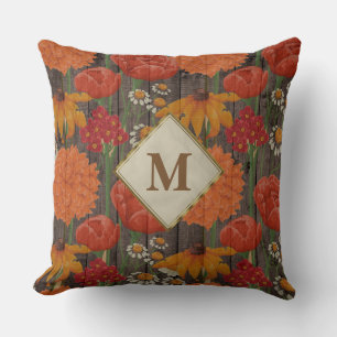 Monogram Red Orange Blume and Daisies Brown Wood Kissen