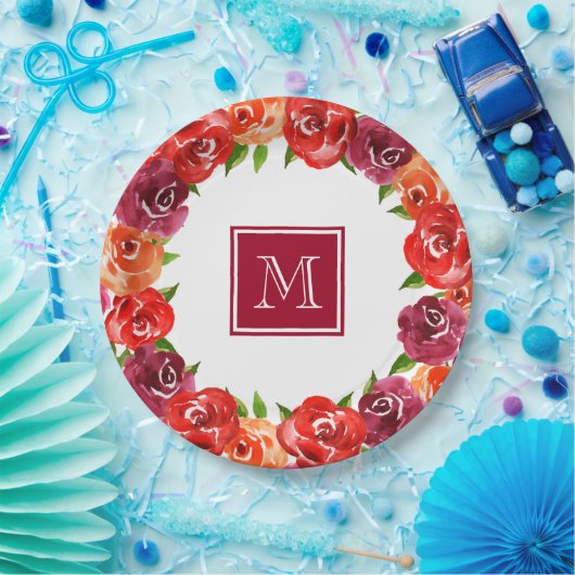 Monogram Red Orange Claoral Pappteller (Party)