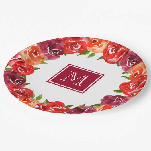 Monogram Red Orange Claoral Pappteller (Schrägansicht)