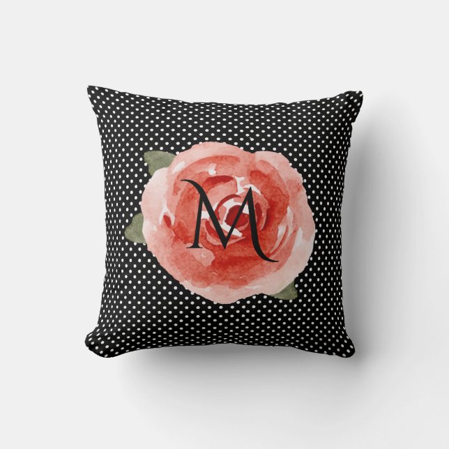 Monogram Red Rose Black White Polka Dots Kissen (Vorderseite)