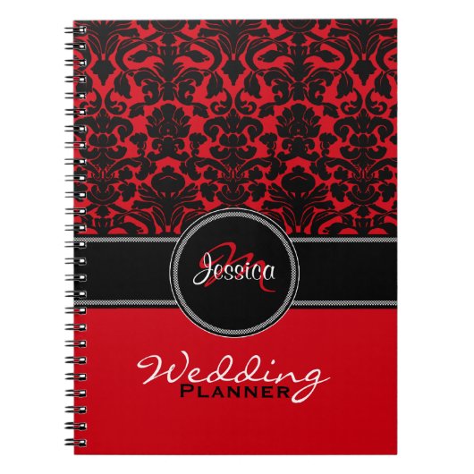 Monogram Red Schwarz-weiß Damask Wedding Planner Notizblock (Vorderseite)