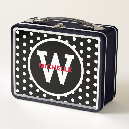 Monogram Red Schwarz-weiß Polka Dots Metall Brotdose (Vorderseite)