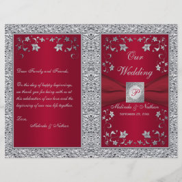 Monogram Red, Silver Foil-LOOK Wedding Program