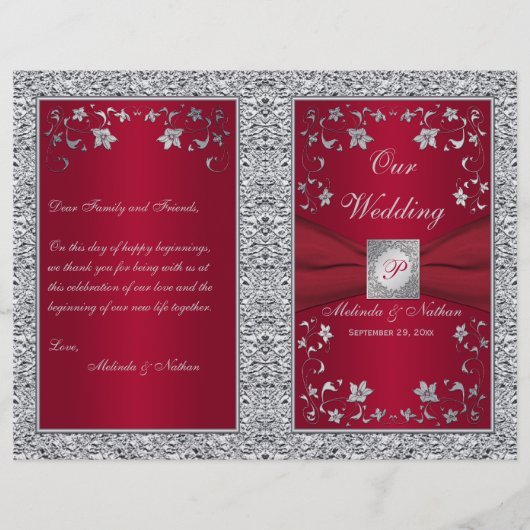 Monogram Red, Silver Foil-LOOK Wedding Program (Vorderseite)