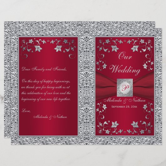 Monogram Red, Silver Foil-LOOK Wedding Program (Vorne/Hinten)