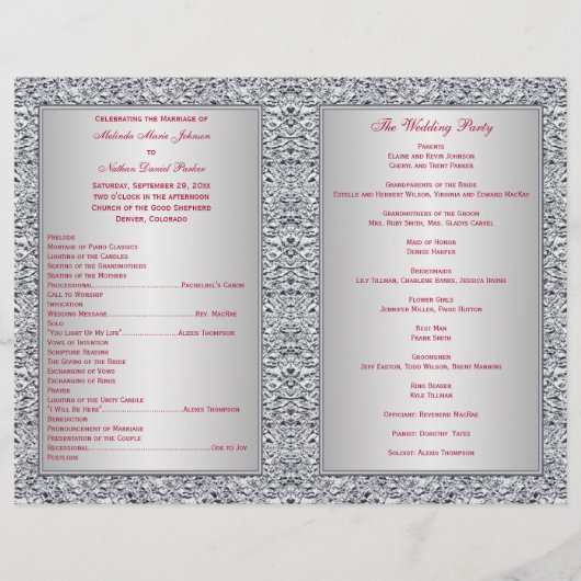Monogram Red, Silver Foil-LOOK Wedding Program (Rückseite)