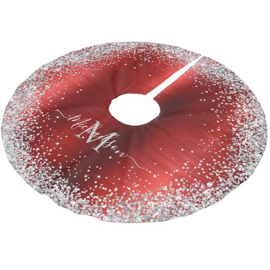 Monogram Red Silver Glitzer Girly Glam Polyester Weihnachtsbaumdecke (Schrägansicht)