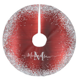 Monogram Red Silver Glitzer Girly Glam Polyester Weihnachtsbaumdecke