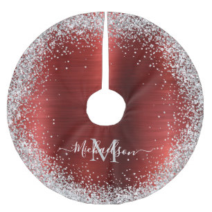 Monogram Red Silver Glitzer Girly Glam Polyester Weihnachtsbaumdecke