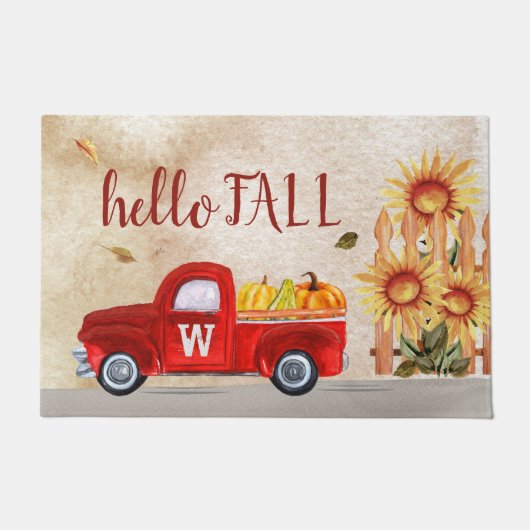 Monogram Red Truck Hallo Fall Pumpkin Sonnenblumen Fußmatte (Vorderseite)