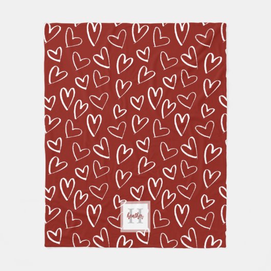 Monogram Red Valentine Herzmuster Fleecedecke (Vorderseite)