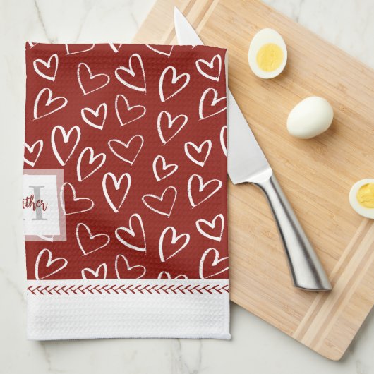 Monogram Red Valentine Herzmuster Geschirrtuch (Viertel Falte)
