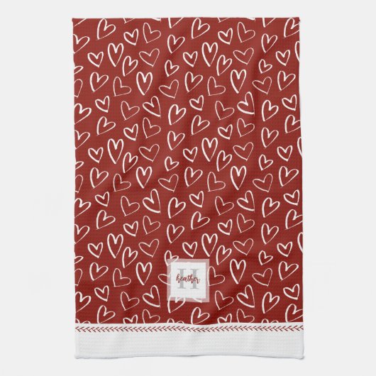 Monogram Red Valentine Herzmuster Geschirrtuch (Vertikal)