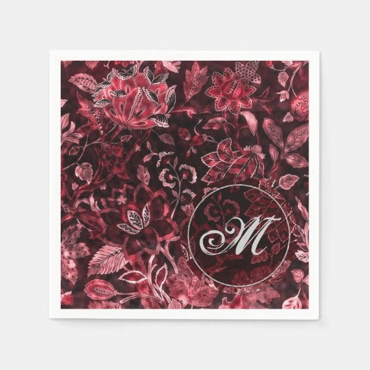 Monogram Red Vintag Floral Napkins Serviette (Vorderseite)
