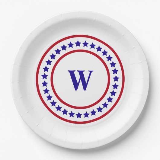 Monogram Red White and Blue Stars Patriotic Pappteller (Vorderseite)