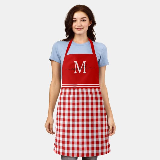 Monogram Red White Gingham Black Name Schürze (Getragen)