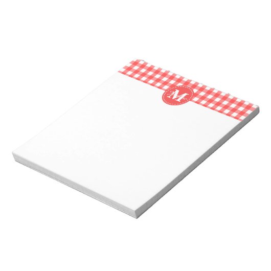 Monogram Red White Gingham Karo Pattern Notizblock (Rotiert)