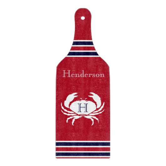 Monogram Red White Navy Blue Crab Nautic Schneidebrett (Vorderseite)