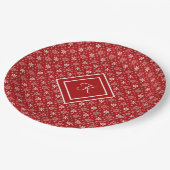 Monogram Red White Snowflage Weihnachtsfeiertag Pappteller (Schrägansicht)