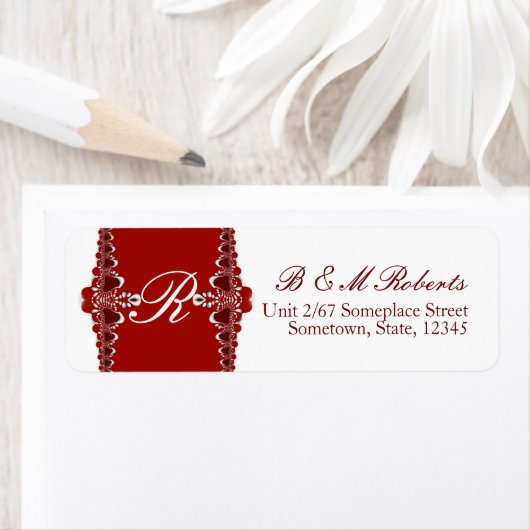 Monogram Red+White Tribal Lace Address Label (Insitu)