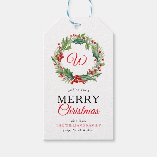 Monogram Red Wreath Frohe Weihnachts-Foto Geschenkanhänger (Vorderseite)