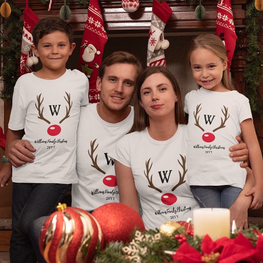 Monogram Reindeer Antler Red Nose Weihnachten T-Shirt