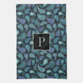 Monogram Retro Blau Paisley-Muster Geschirrtuch (Vertikal)