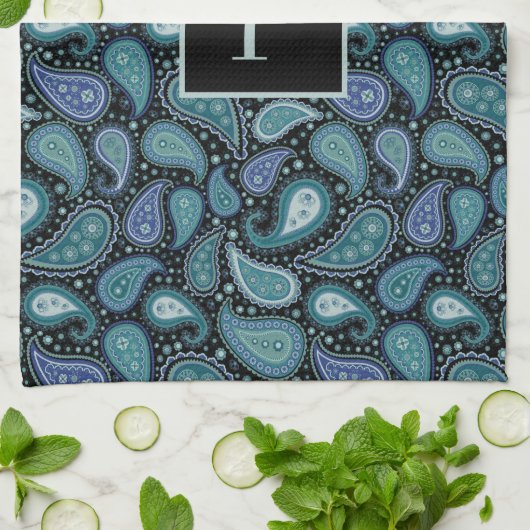 Monogram Retro Blue Paisley Pattern Geschirrtuch (Gefaltet)