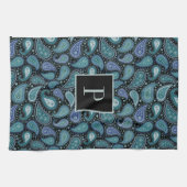 Monogram Retro Blue Paisley Pattern Geschirrtuch (Horizontal)