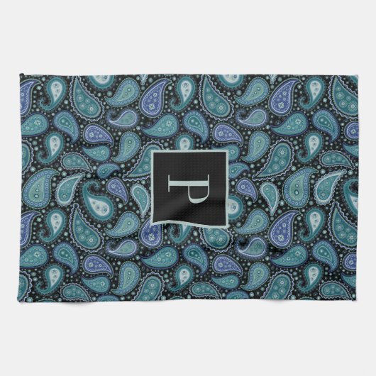 Monogram Retro Blue Paisley Pattern Geschirrtuch (Horizontal)