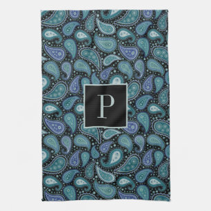 Monogram Retro Blue Paisley Pattern Geschirrtuch