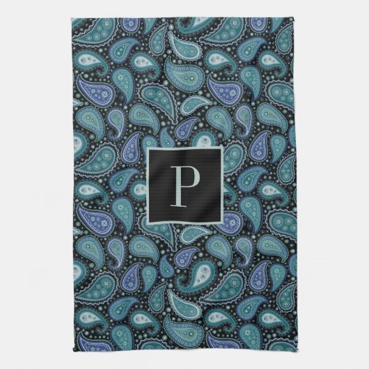 Monogram Retro Blue Paisley Pattern Geschirrtuch (Vertikal)