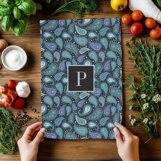 Monogram Retro Blue Paisley Pattern Geschirrtuch