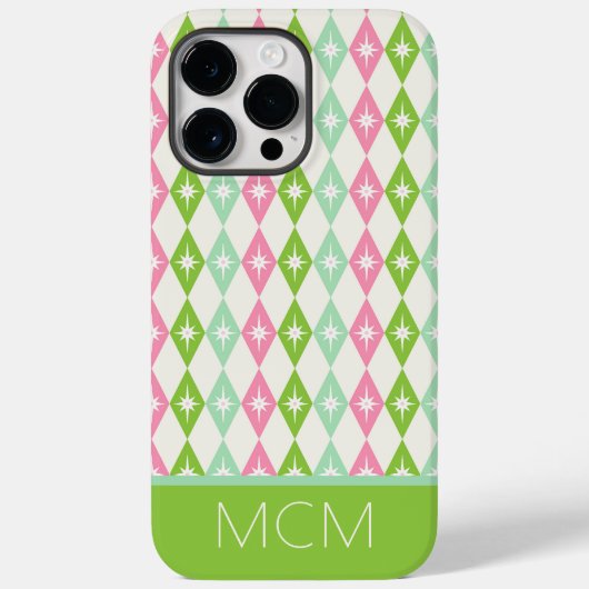 Monogram Retro Christmas Diamonds Pink & Green Case-Mate iPhone Hülle (Rückseite)