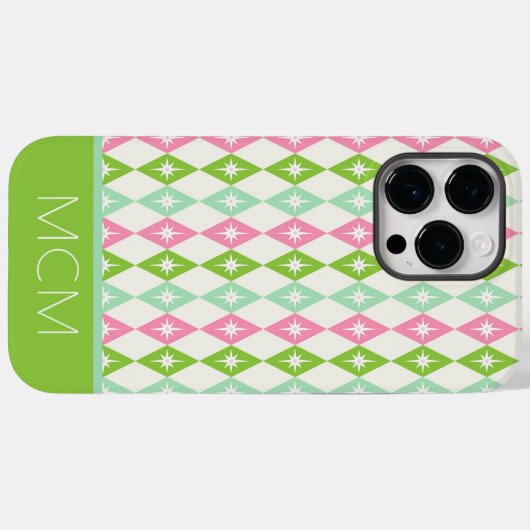 Monogram Retro Christmas Diamonds Pink & Green Case-Mate iPhone Hülle (Rückseite (Horizontal))
