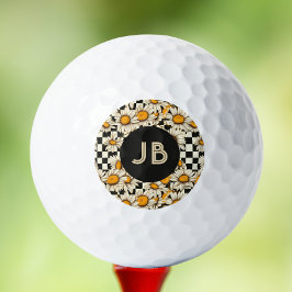 Monogram Retro Groovy Daisy Checkerboard Golfball