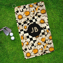Monogram Retro Groovy Daisy Checkerboard Golfhandtuch