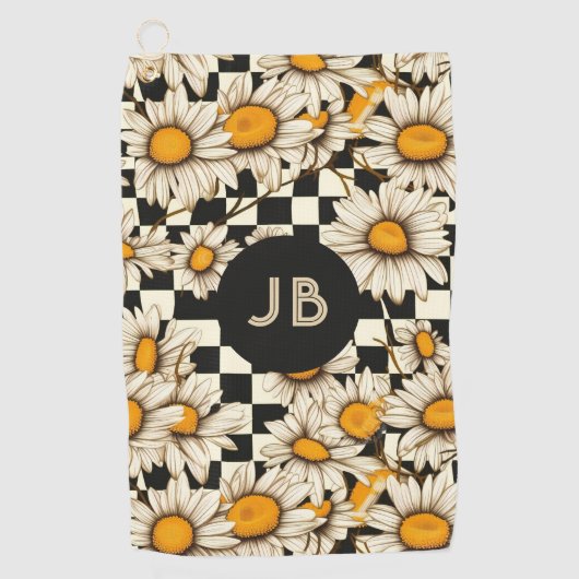 Monogram Retro Groovy Daisy Checkerboard Golfhandtuch (Vorderseite)