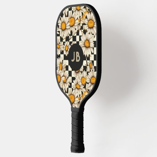 Monogram Retro Groovy Daisy Checkerboard Pickleball Schläger (Links)
